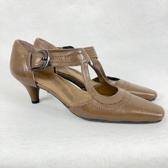 Aerosoles Leather Kitten Heels Ankle Strap Retro Grandma Tan 7.5 - Picture 2 of 8
